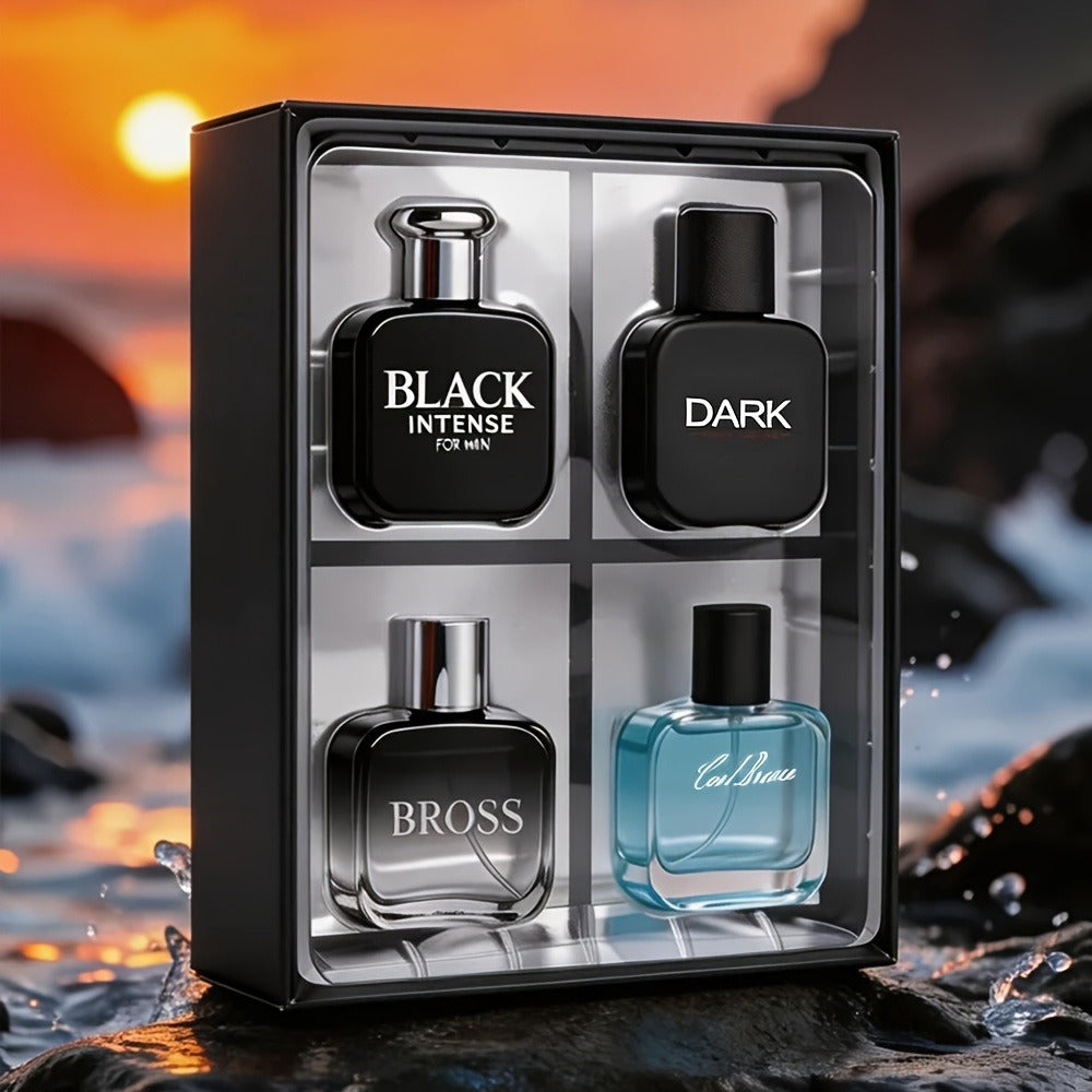 Perfume Gift Set for Men with Four 30ml Eau de Parfum Bottles, 1.5oz Body Mist and Black Box