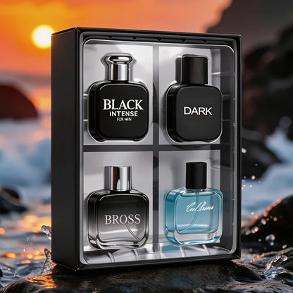 Perfume Gift Set for Men with Four 30ml Eau de Parfum Bottles, 1.5oz Body Mist and Black Box