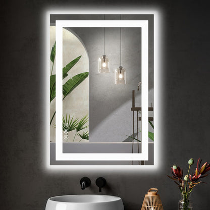LED Bathroom Mirror with Anti-Fog – Dimmable Vanity Mirror, 3 Color Lighting Modes, Dual Light Source, Wall Mounted Horizontal or Vertical, Tempered Glass, Multiple Sizes
