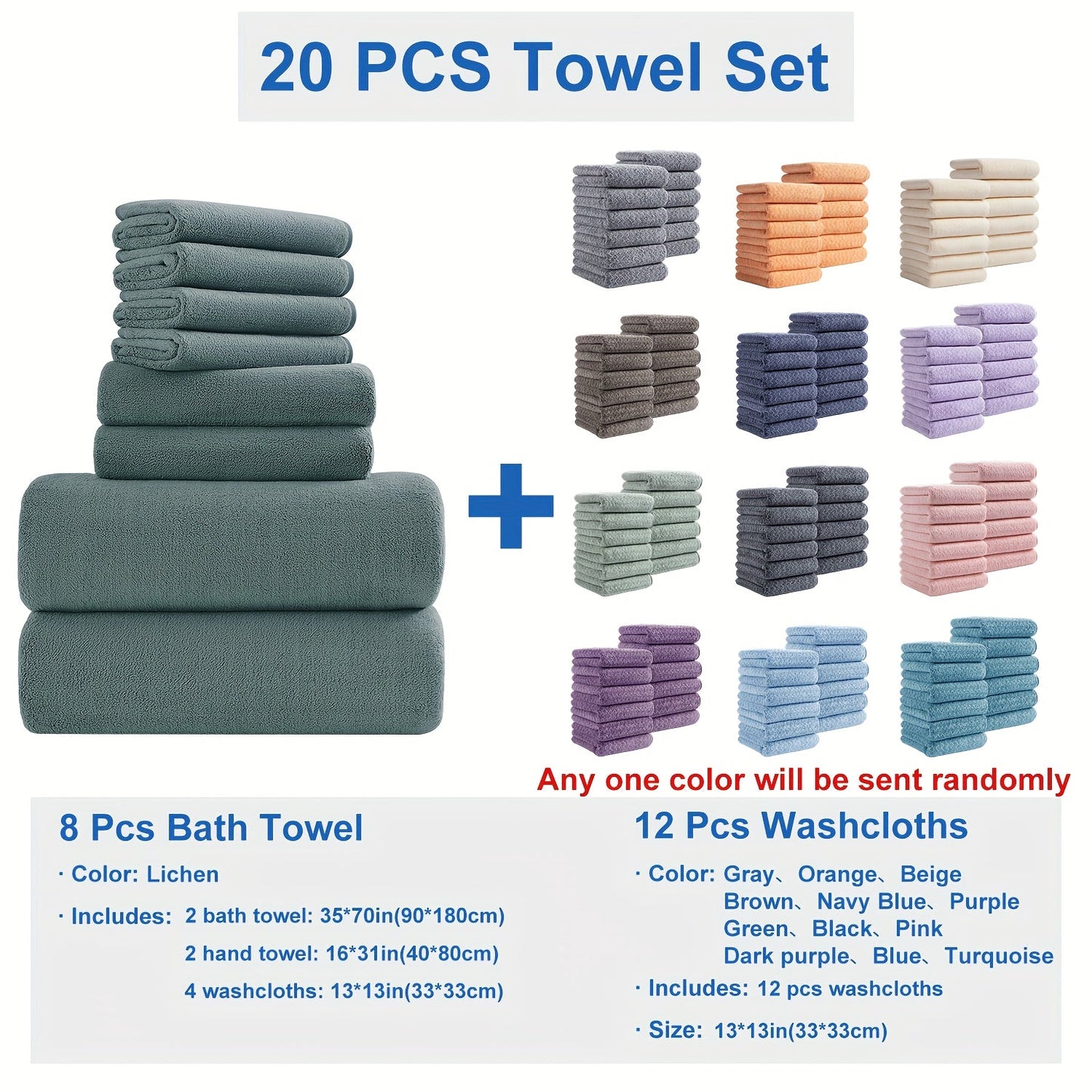 Twenty-Piece Bath Towel Set with Eight Large Towels and Twelve Washcloths in Ten Exact Color Options