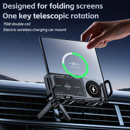 Wireless Charging Car Mount 15W Fast Charge – Universal Phone Holder for iPhone 15 14 13 12 11 8 X, Samsung Galaxy S24 S23 Note20 Fold 5 Fold 6, Supports Folding Screen Smartphones