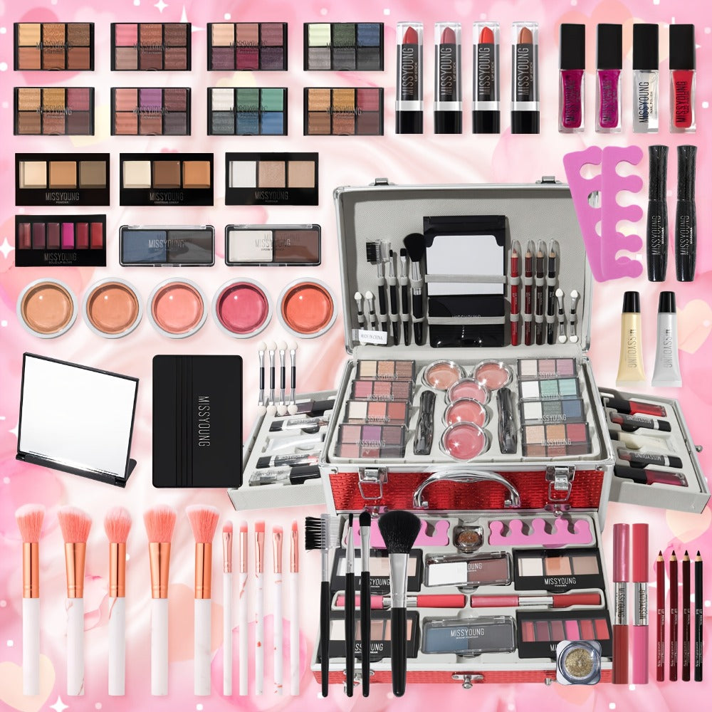 106-Piece Makeup Case Set with Red or Silver Carry Case, Fold-Out Color Palettes, Lip Products and Ten Makeup Brushes