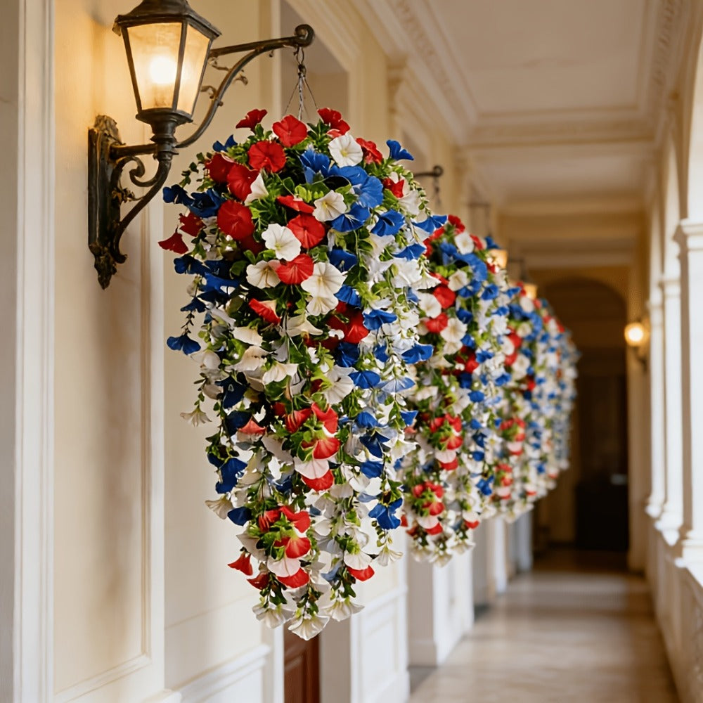Artificial Flowers Six-Piece Hanging Morning Glory Vine Set in Red White and Blue for Seasonal Decor