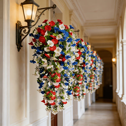 Artificial Flowers Six-Piece Hanging Morning Glory Vine Set in Red White and Blue for Seasonal Decor