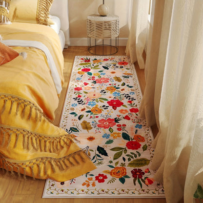 Area Rug Bohemian Floral Plush Runner with Four Machine-Washable Sizes for Bedroom or Kitchen
