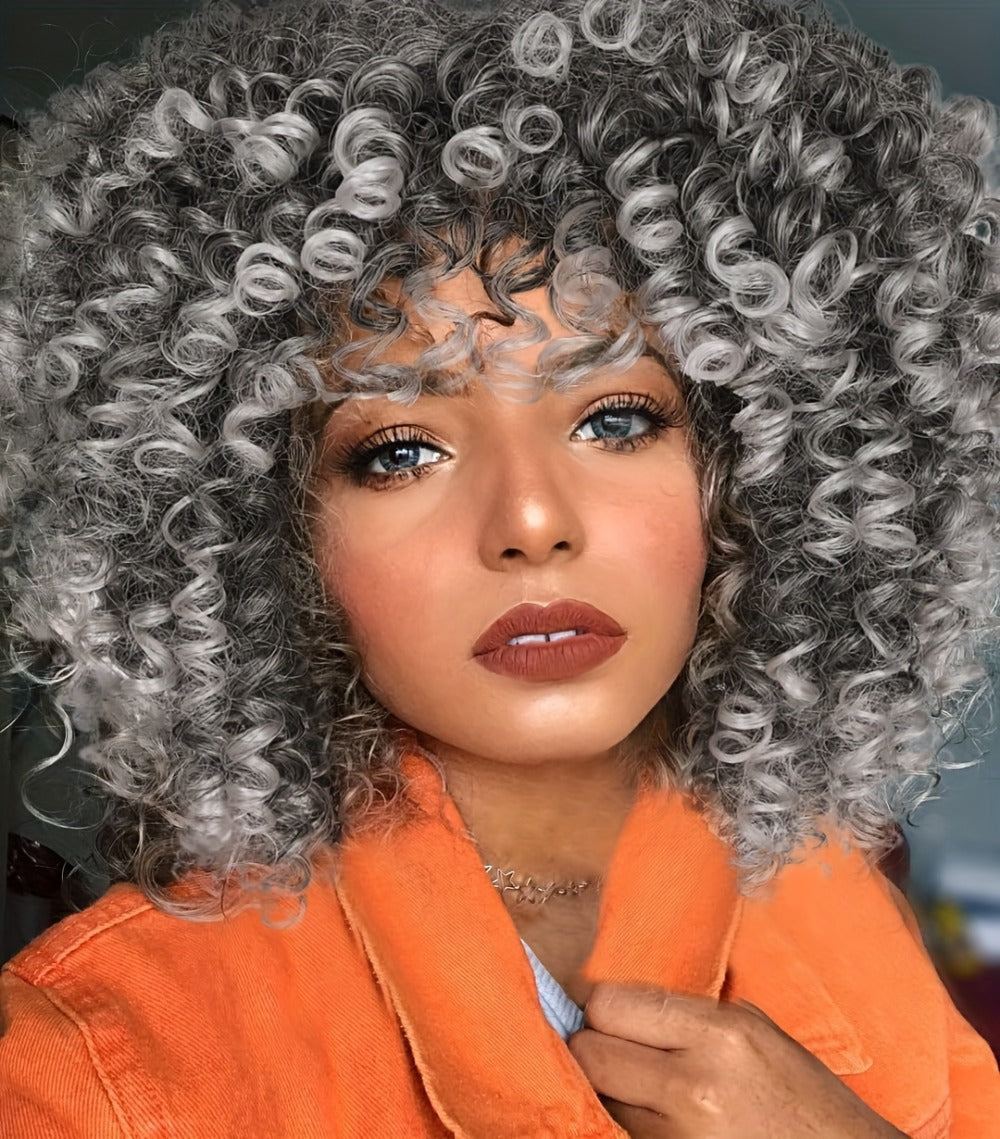Afro Kinky Curly Wig for Black Women Short Synthetic Hair with Bangs 180% High Density Natural Fluffy Curls Stretch Cap Daily Wear Party Cosplay Fits All Head Sizes