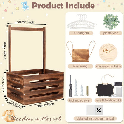 Wooden Gift Crate Basket with Carry Handle, Garland, Mini Swing, Hangers and Announcement Sign for Event Displays