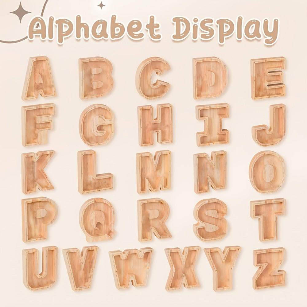Alphabet Wooden Money Bank with Clear Front Panel, Coin Slot and A-to-Z Letter Options for Adults