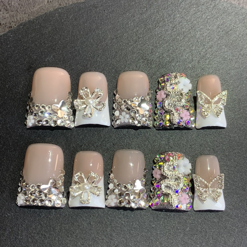 Press On Nails 10-Piece Duckbill Acrylic Set with White French, Floral and AB Shimmer Designs in S, M or L