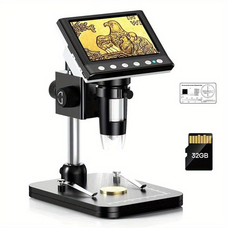 4.3-Inch IPS Digital Microscope with Eight LEDs, 32GB Card and Adjustable Stand for Coin and PCB Inspection