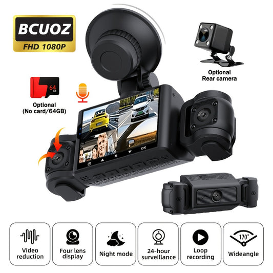 4-Channel 360° Dash Cam 1080P Front + 720P Rear Left Right All-Round Coverage, Quad-Screen Split Display, Night Vision, WDR, G-Sensor, Loop Recording – Optional 64GB Card