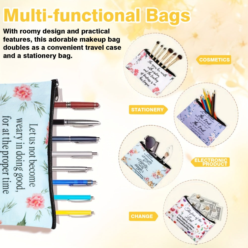 Thirty-Piece Bible Verse Makeup Bag Set with Mixed Printed Designs, 23 x 15cm Pouches and Black Zippers