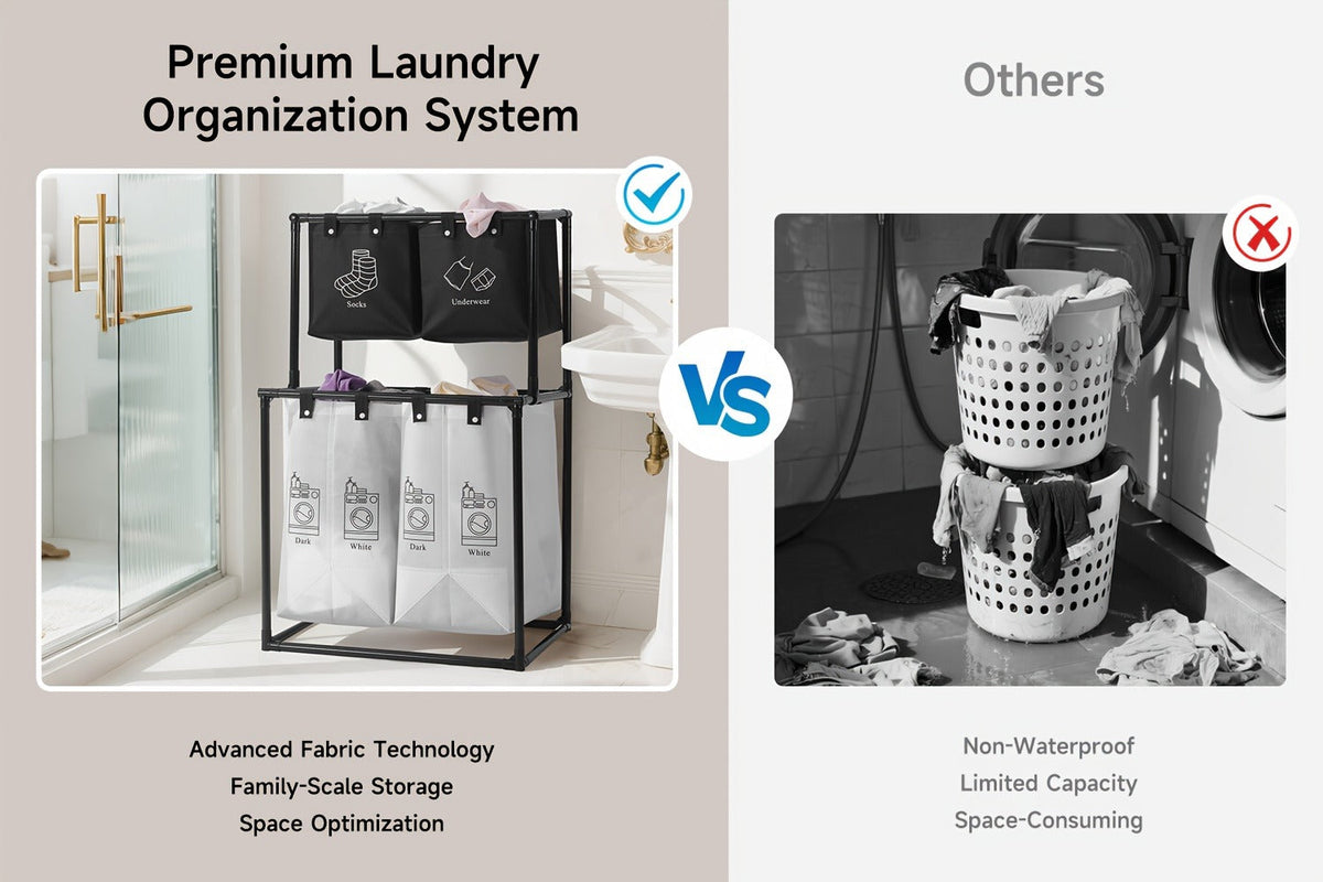 Laundry Sorter 2 Compartment Hamper – 2-Tier Metal Frame Laundry Hamper with Handles, Breathable Mesh Bags & Cable Ties – Space-Saving Clothes Organizer for Home, Bedroom & Apartment