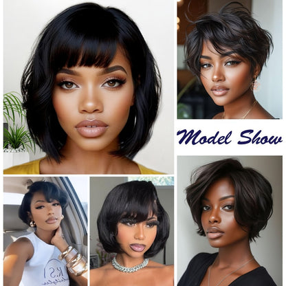 8-Inch Curly Pixie Bob Human Hair Wig in Black with Bangs, 150% Density and Machine-Made Cap