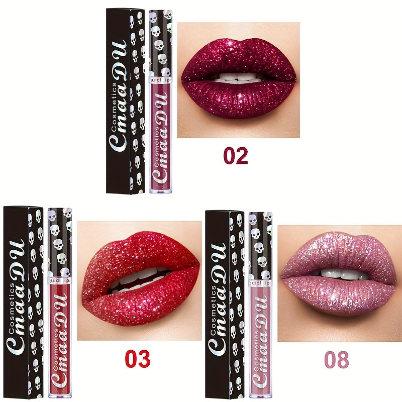 Three-Piece Skull-Design Glitter Lip Gloss Set with Nine Exact Color Combination Checkout Options