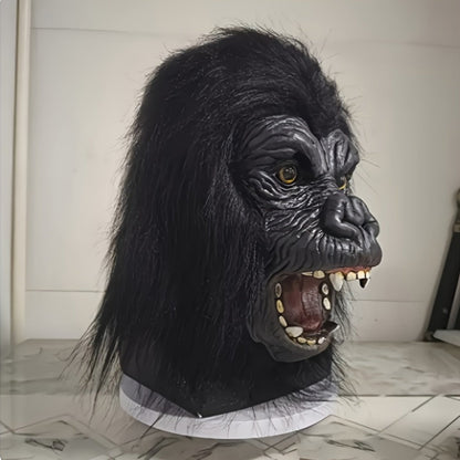 Black Gorilla Full-Head Costume Mask in Open-Eye or Eyeless Styles with Shaggy Fur and Open Mouth