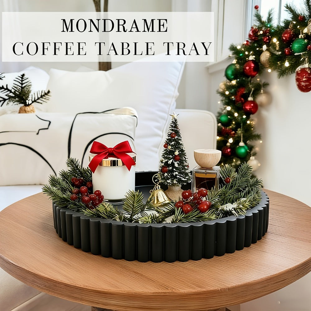 Wood Decorative Tray for Coffee Table 11 Inch Round Boho Serving Tray Wooden Centerpiece for Home Cooking, Dining and Outdoor Meals