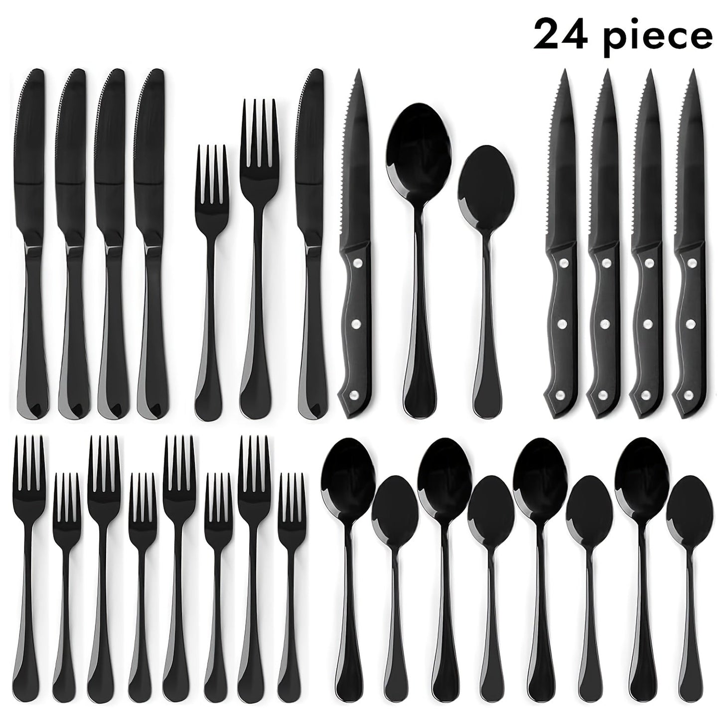 20-, 24-, 30- or 65-Piece Flatware Set in Silver or Black with Option-Specific Serving Utensils