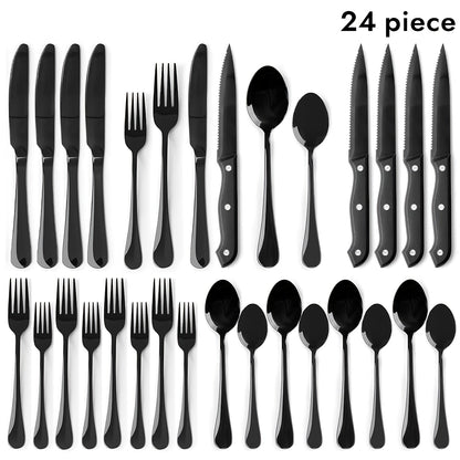 20-, 24-, 30- or 65-Piece Flatware Set in Silver or Black with Option-Specific Serving Utensils