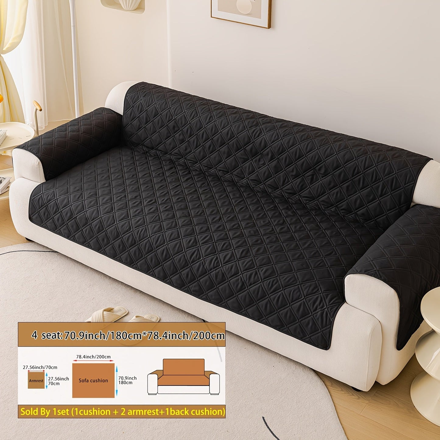 Sofa Cover Three-Piece Soundwave Embossed Set with Sofa Panel, Two Armrest Covers and Anti-Slip Mat