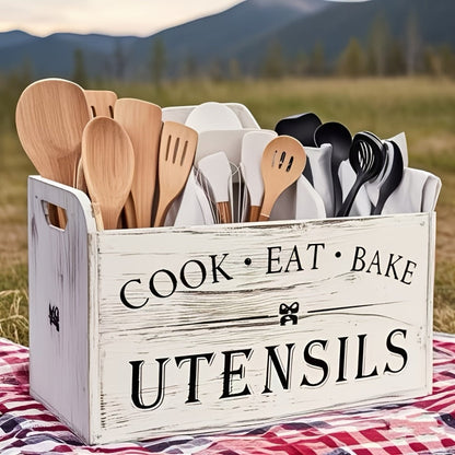 Three-Compartment Rustic-Look Kitchen Utensil Organizer in Grey White with Removable Top Panel