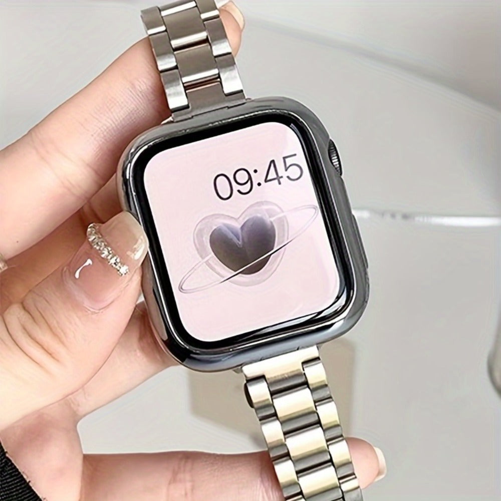 Slim Waist Apple Watch Steel Band & Half Shell Case 3-Piece Set – 2 Stainless Steel Bands + Protective Case Compatible with Apple Watch Series 1–9 SE Ultra 38 40 41 42 44 45 49mm – Gold Silver Rose Black