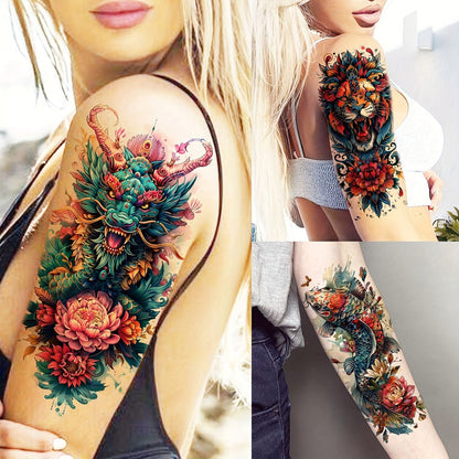 Temporary Tattoos, 71-Sheet Old School and Gothic Set with Tiger, Wolf, Lion, Dragon, Skull and Floral Motifs