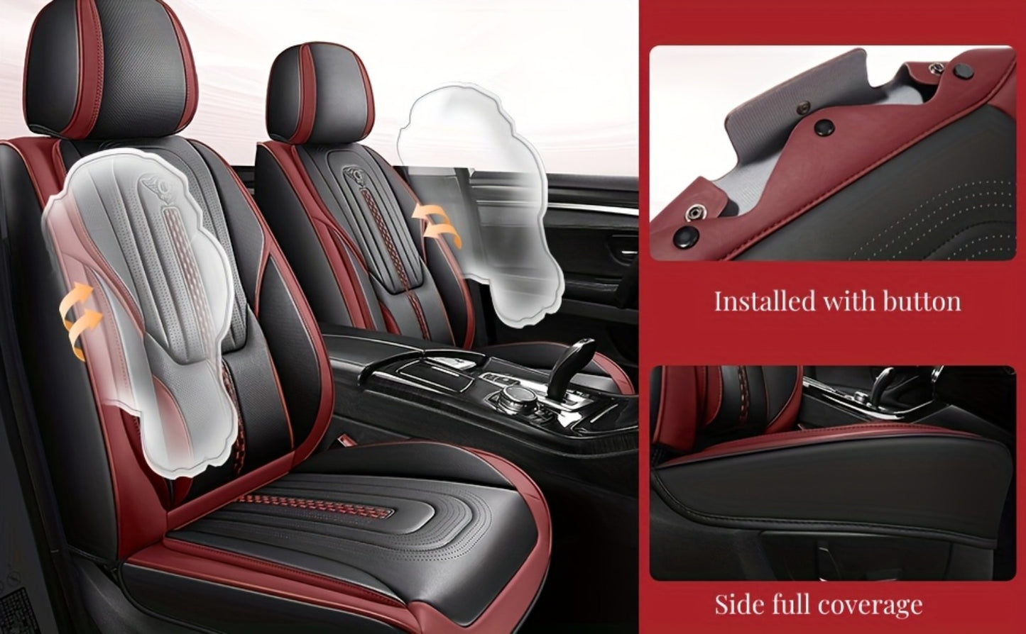PU Leather Car Seat Cover Full Enclosure with Lumbar Support & Sponge Cushion – Two-Tone Sporty Design Universal Fit for Car Sedan Truck SUV (White-Black / Gray / Red-Black / Orange-Black)