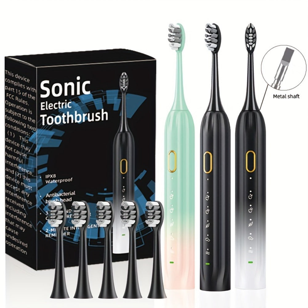 Sonic Electric Toothbrush IPX8 Waterproof USB Rechargeable with 5 Replacement Brush Heads, Smart Timer, Metal Shaft, Couple Design for Adults Men & Women — Black, Green Pink, Pink White