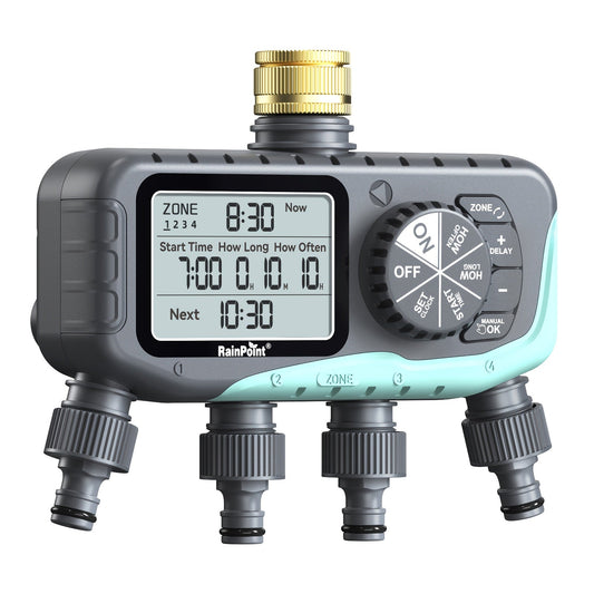 Garden Irrigation System 4-Zone, Automatic Watering Controller with Brass Head, Manual & Rain Delay Modes