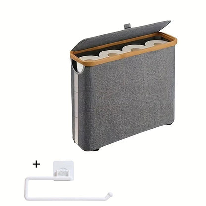 Lidded Toilet Paper Storage Basket with Bamboo-Style Rim in Five Color and Accessory Configurations