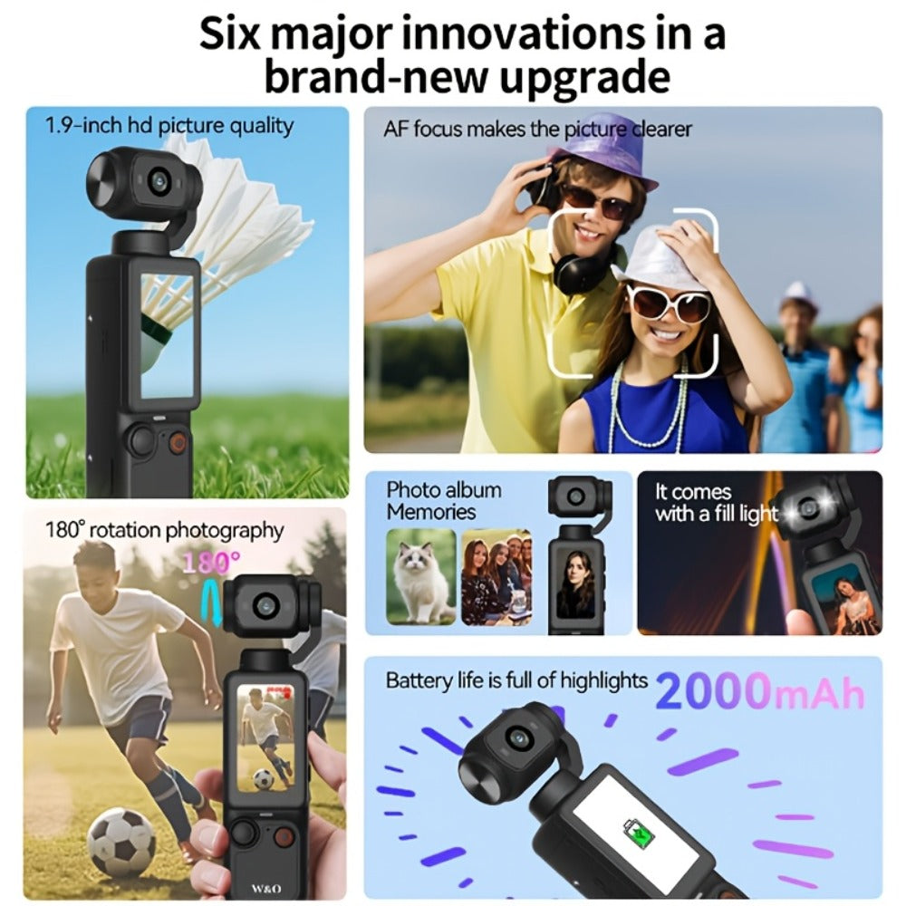 4K UHD Vlogging Action Camera 180° Rotating Lens Anti-Shake 1.9" Screen 2000mAh Battery – Lightweight Travel Cam with Image Stabilization for Vlogging, Hiking & Outdoor Sports | Gift for Teens & Adults