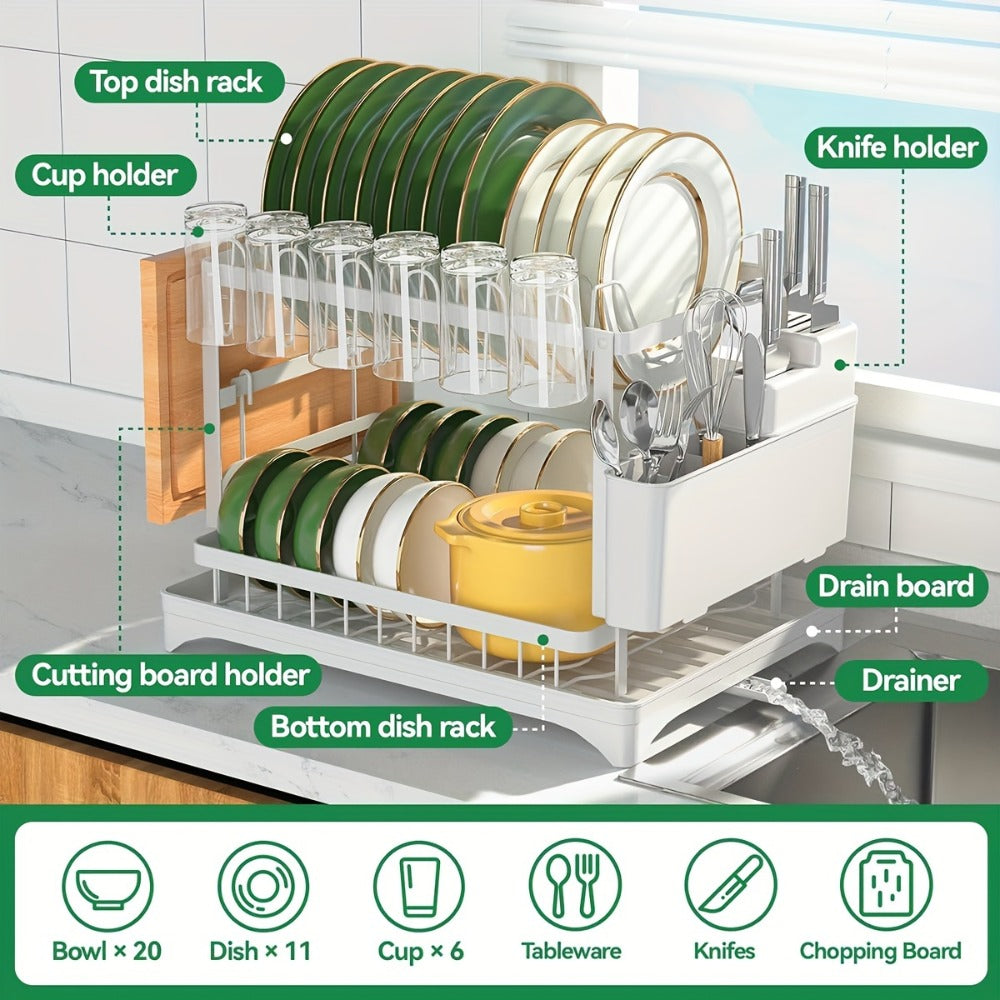 Two-Tier Dish Drying Rack, Compact Metal Countertop Drainer with Drainboard in Three Colors