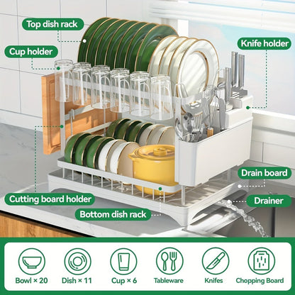 Two-Tier Dish Drying Rack, Compact Metal Countertop Drainer with Drainboard in Three Colors