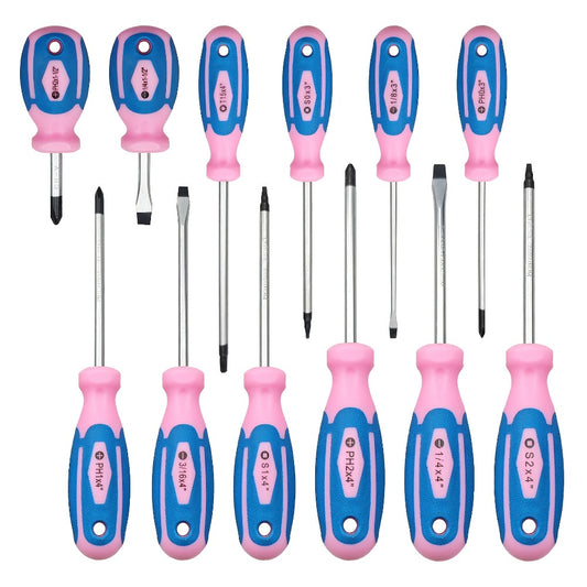 Magnetic Screwdriver Set 12-Piece Pink | Slotted Phillips Torx Tips, Ergonomic Handle, DIY Home Office Garage Tool Kit, Unique Gift for Women & Girls