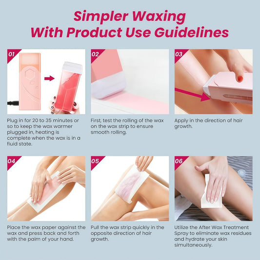 Roll On Wax Kit 105 Piece Complete Home Waxing Set - 2 Roll On Wax Rollers, Wax Warmer, 100 Waxing Strips, Lavender Oil & Pre-Post Spray - Pro Hair Removal for Face Brazilian Bikini Full Body Sensitive Skin