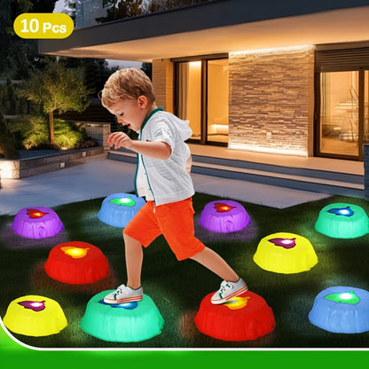 10-Piece Light-Up Stepping Stone Set in Five Colors with Raised Leaf Texture for Indoor or Outdoor Balance Play