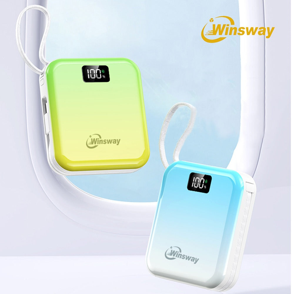 10000mAh Winsway Power Bank with 22.5W Label, Built-In USB-A and USB-C Cables and Gradient Colors