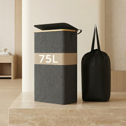 Slim Laundry Hamper with Lid & Removable Bag – Foldable Narrow Clothes Basket with Bamboo Handles for Bathroom, Bedroom & Dorm – 50L / 65L / 75L Space-Saving Collapsible Laundry Bin