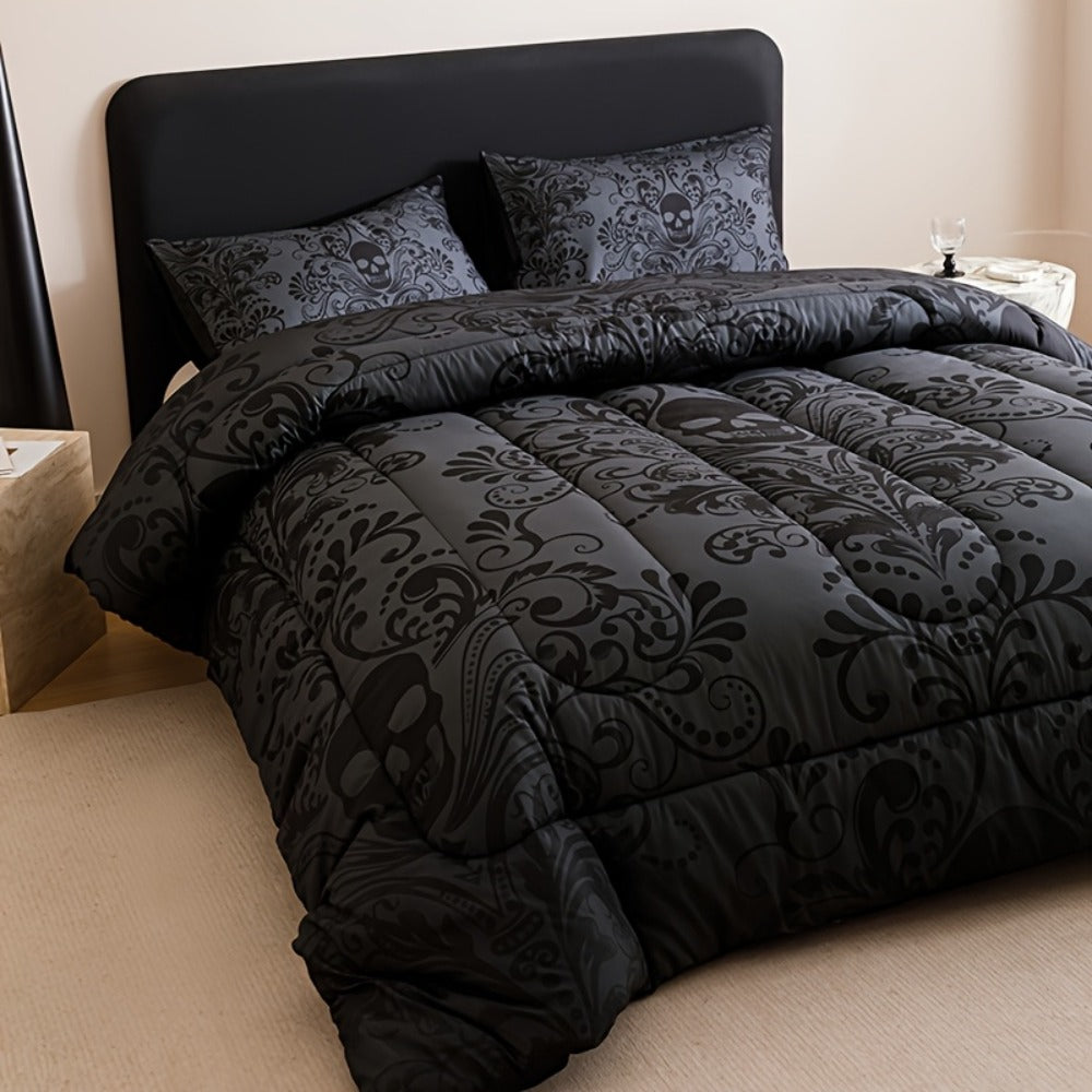 Gothic Skull Comforter Set with Two Pillowcases, Two Design Labels and Twin through King Sizes