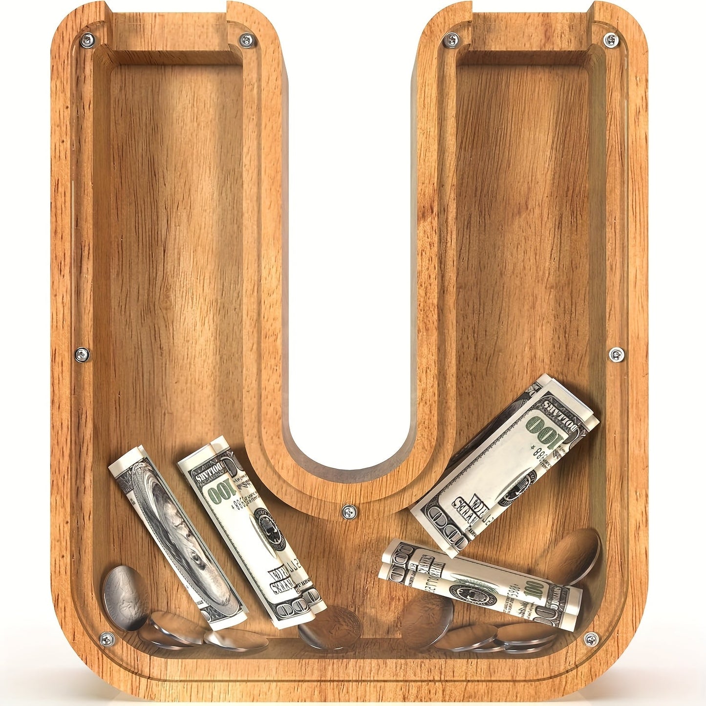 Wooden Alphabet Letter Coin Bank with Clear Front Panel and 23 Fixed Initial Options for Display