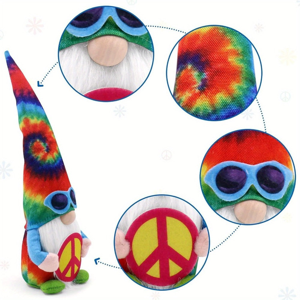 Hippie Gnomes Decorations 2 Pack – Groovy Tie Dye Tomte Figurines with Peace Sign & Fashion Glasses, 13.5" Swedish Gnome Shelf Sitters for Farmhouse, Christmas, Halloween & Party Decor