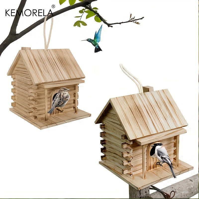 Wooden Bird Nest Breeding Box for Parrots & Small Birds - Hanging Outdoor Cage Accessory, Natural Solid Wood Birdhouse, Cozy Woodland Cabin Design, Durable Aviary Nesting House