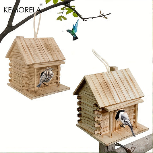 Wooden Bird Nest Breeding Box for Parrots & Small Birds - Hanging Outdoor Cage Accessory, Natural Solid Wood Birdhouse, Cozy Woodland Cabin Design, Durable Aviary Nesting House