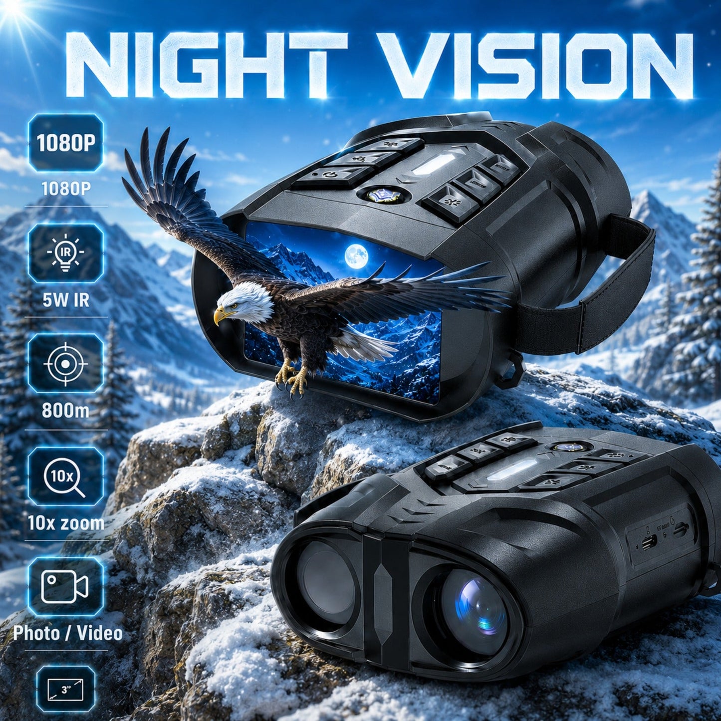 Black 1080P Night Vision Binoculars with 3-Inch IPS Screen, 10X Digital Zoom, Seven IR Levels and 3000mAh Battery