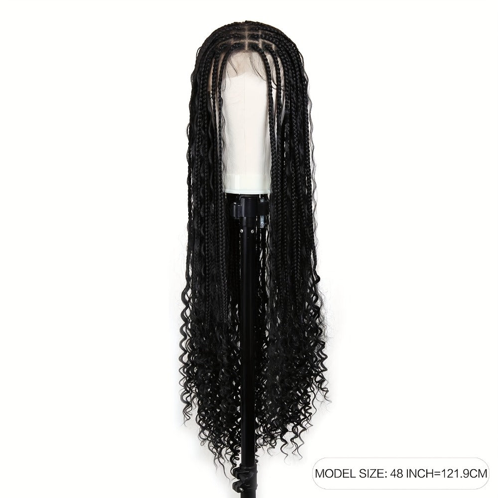 Extra-Long Black Box-Braid Wig with Curly Ends, Lace Cap and 48-Inch Checkout Length for Styling