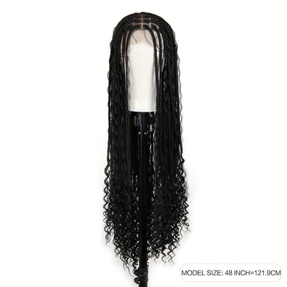 Extra-Long Black Box-Braid Wig with Curly Ends, Lace Cap and 48-Inch Checkout Length for Styling