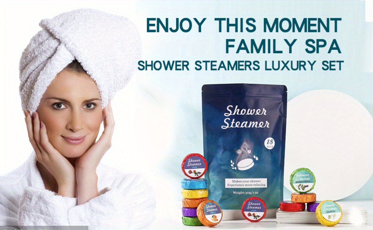 Eighteen Individually Wrapped Shower Steamers with Six Fragrance Labels and 30 g Tablet Packaging