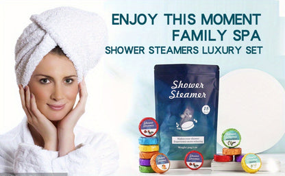 Eighteen Individually Wrapped Shower Steamers with Six Fragrance Labels and 30 g Tablet Packaging