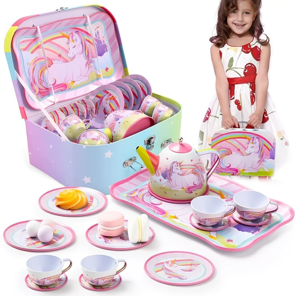 Pink Unicorn Tin Tea Set in Carry Case with Teapot, Four Cups, Four Saucers and Five Plates